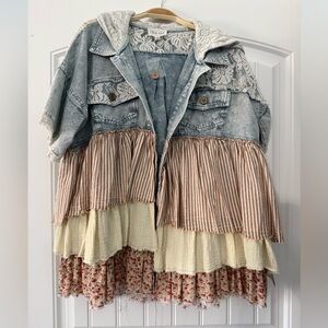 NWOT Oli & Hali Denim Patchwork Short Sleeve Jacket with Lace and Stripes
